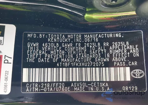 2017 Toyota Camry Se from USA, damaged, VIN 4T1BF1FKXHU272075